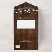 Rustic wood string lights initials script wedding all in one invitation (Outside)