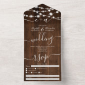 Rustic wood string lights initials script wedding all in one invitation (Inside)