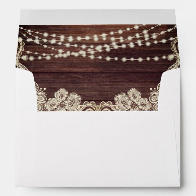 Rustic Wood String Lights Ivory Lace Address Envelope (Back (Bottom))