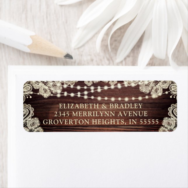 Rustic Wood String Lights Ivory Lace Wedding Label (Insitu)