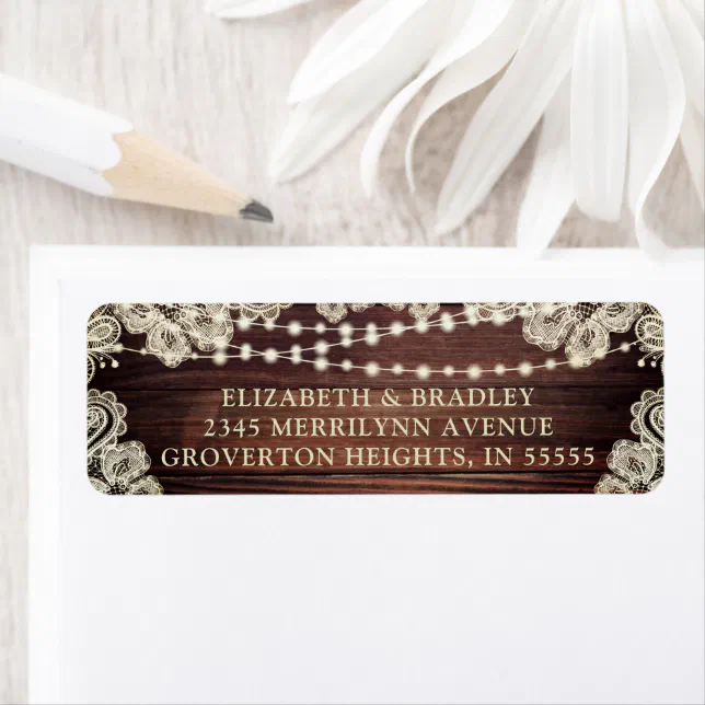 Rustic Wood String Lights Ivory Lace Wedding Label | Zazzle