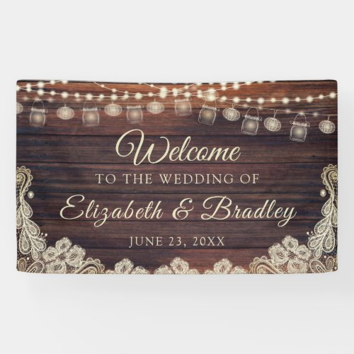 Rustic Wood String Lights Jars Ivory Lace Wedding Banner