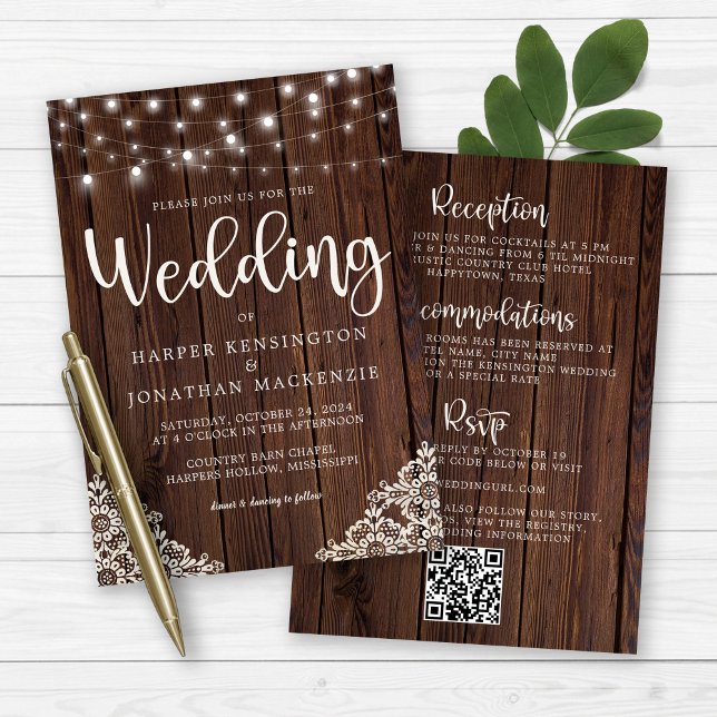Rustic Wood String Lights Lace All in One Wedding Invitation (Rustic Wood Lace and String Lights All In One Wedding Invitation)