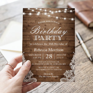 Rustic Wood String Lights Lace Birthday Party Invitation