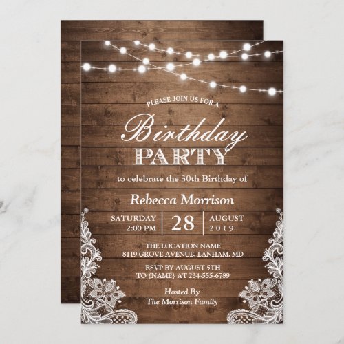 Rustic Wood String Lights Lace Birthday Party Invitation