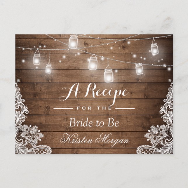 Rustic Wood String Lights Lace Bridal Recipe Card (Front)