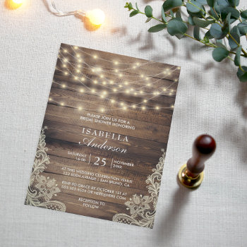 Rustic Wood & String Lights | Lace Bridal Shower Invitation by Cali_Graphics at Zazzle