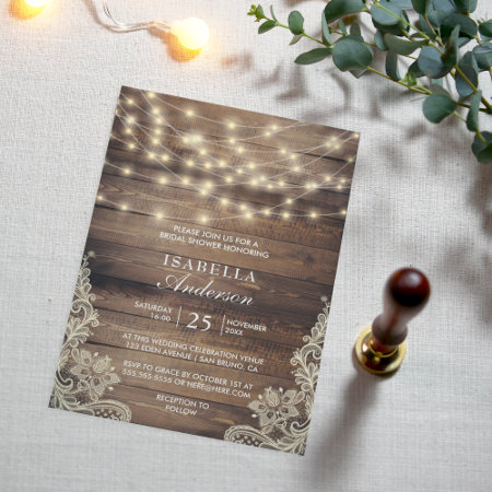 Rustic Wood & String Lights | Lace Bridal Shower Invitation