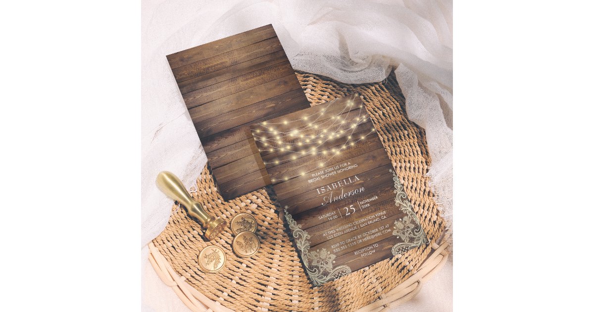 Rustic Wood & String Lights | Lace Bridal Shower Invitation | Zazzle
