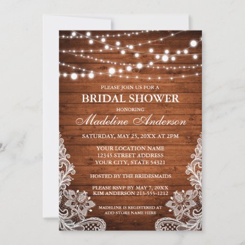 Rustic Wood String Lights Lace Bridal Shower Invitation