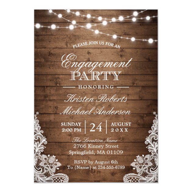 Rustic Wood String Lights Lace Engagement Party Invitation