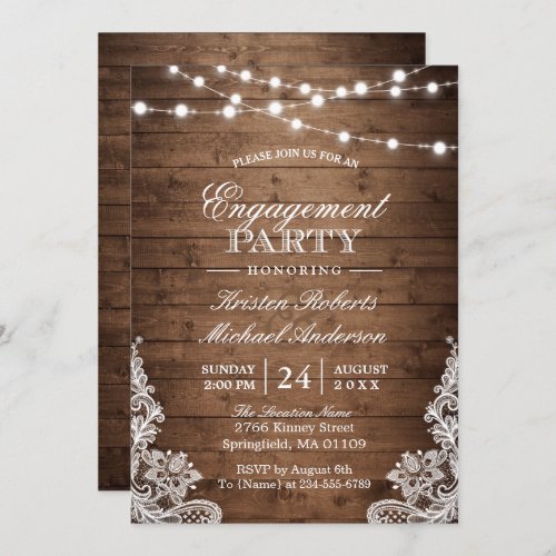 Rustic Wood String Lights Lace Engagement Party Invitation