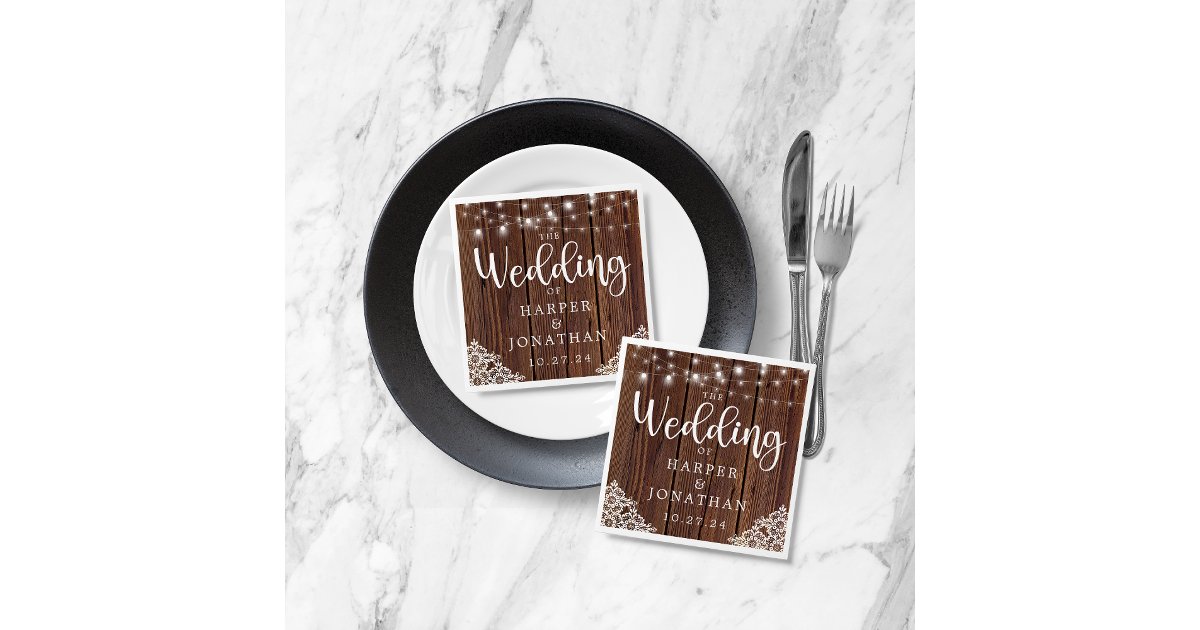 Rustic Wood String Lights Lace Farmhouse Wedding Napkins | Zazzle