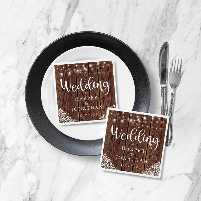 Rustic Wood String Lights Lace Farmhouse Wedding Napkins (Creator Uploaded)