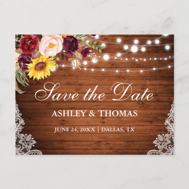 Rustic Wood String Lights Lace Floral Announcement Postcard (Front)
