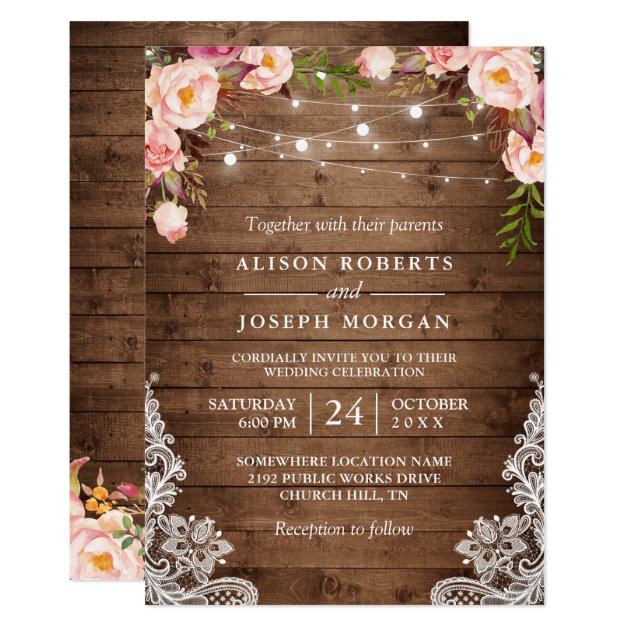Rustic Wood String Lights Lace Floral Barn Wedding Invitation