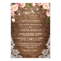 Rustic Wood String Lights Lace Floral Farm Wedding Card