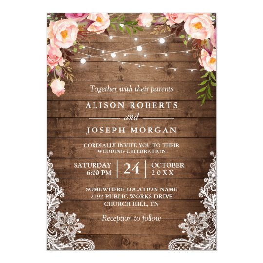 Rustic Wood String Lights Lace Floral Farm Wedding Card ...
