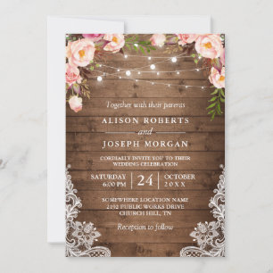 Rustic Wood String Lights Lace Floral Farm Wedding Invitation