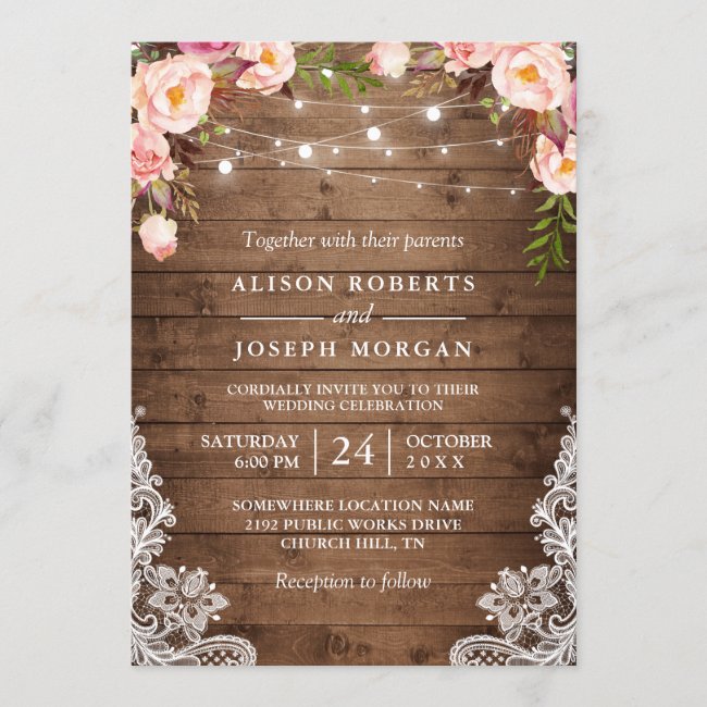 Rustic Wood String Lights Lace Floral Farm Wedding Invitation