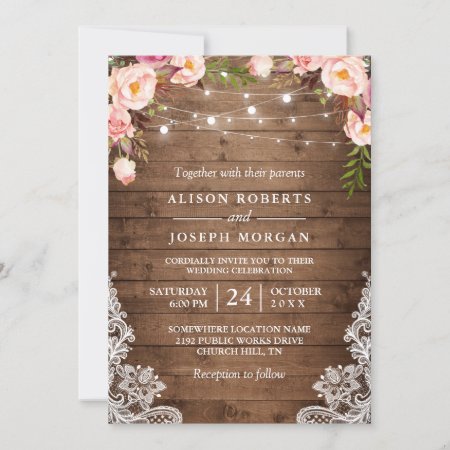 Rustic Wood String Lights Lace Floral Farm Wedding Invitation