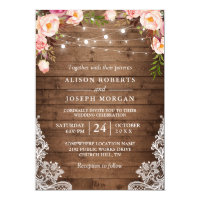 Rustic Wood String Lights Lace Floral Farm Wedding Invitation