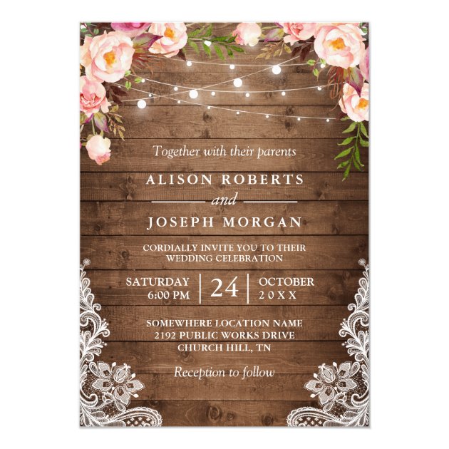Rustic Wood String Lights Lace Floral Farm Wedding Invitation