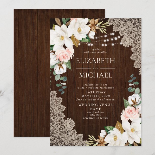 Rustic Wood String Lights Lace Floral Farm Wedding Invitation (Front/Back)