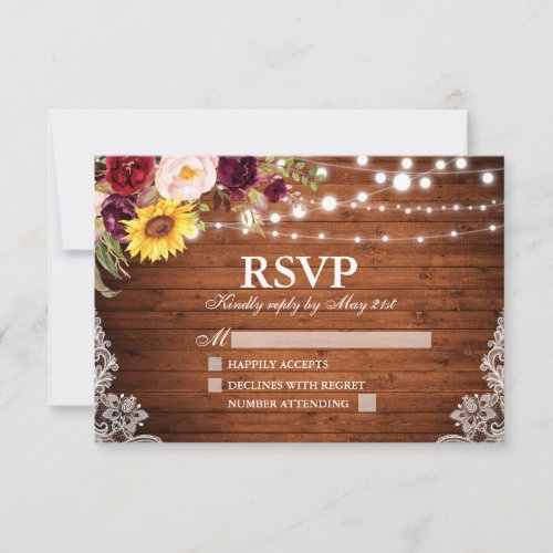 Rustic Wood String Lights Lace Floral Wedding RSVP Card