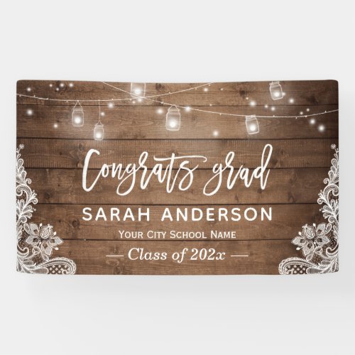 Rustic Wood String Lights Lace Graduation Party Banner