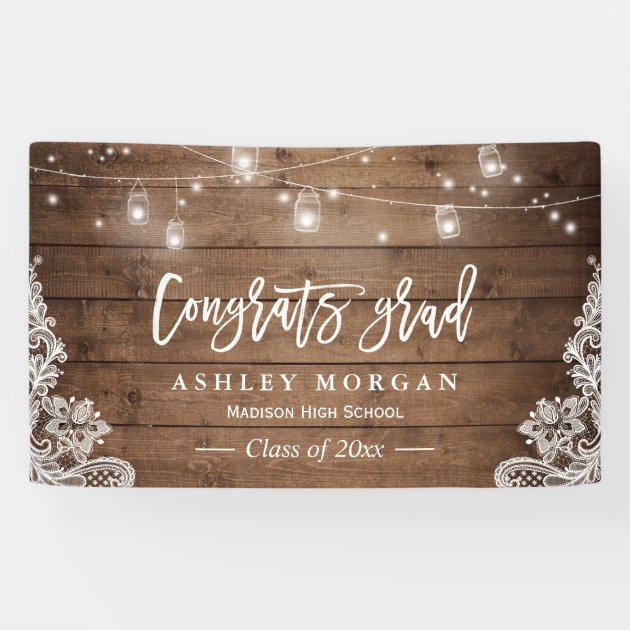 Rustic Wood String Lights Lace Graduation Party Banner