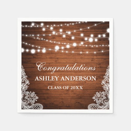 Rustic Wood String Lights Lace Graduation Party Paper Napkins