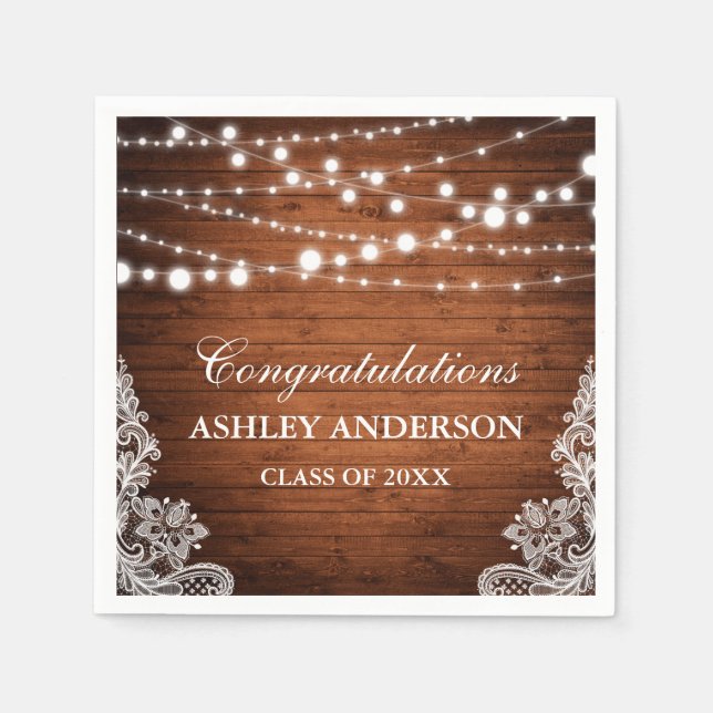 Rustic Wood String Lights Lace Graduation Party Paper Napkins (Front)