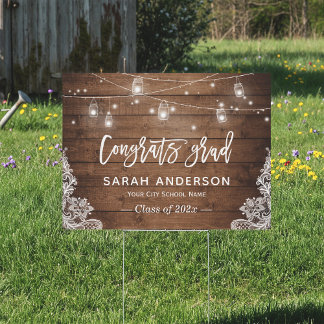 Rustic Wood String Lights Lace Graduation Yard Sign