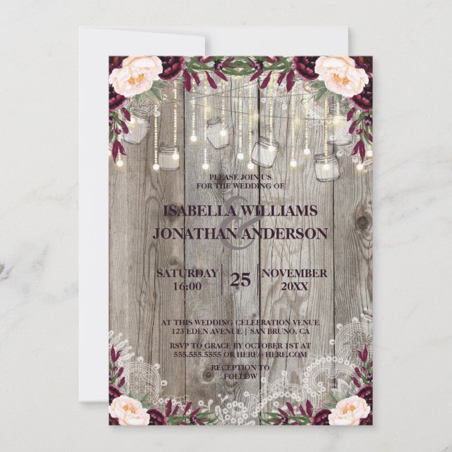 Rustic Wood & String Lights Lace Jar Wedding Invitation (Front)