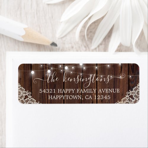 Rustic Wood String Lights Lace Label