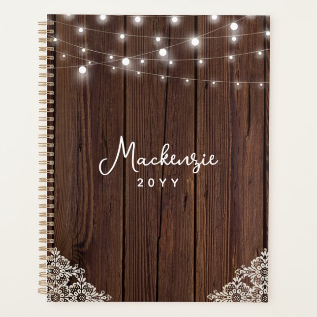 Rustic Wood String Lights Lace Personalized Planner (Front)