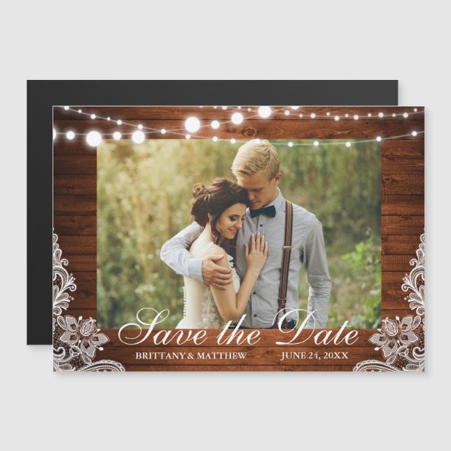 Rustic Wood String Lights Lace Photo Save the Date Magnetic Invitation (Front/Back)
