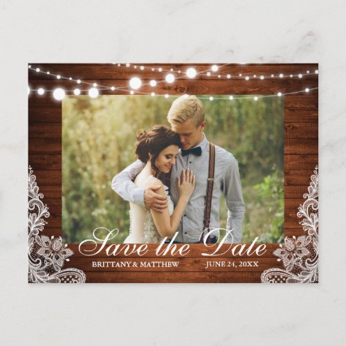 Rustic Wood String Lights Lace Photo Save the Date Postcard