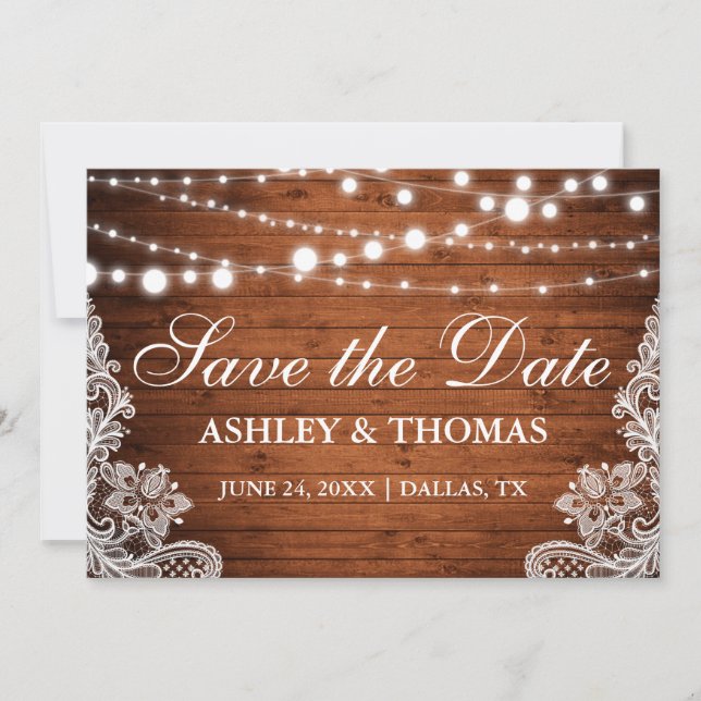 Rustic Wood String Lights Lace Save the Date (Front)