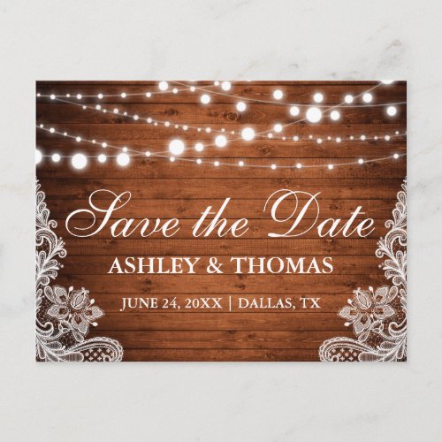 Rustic Wood String Lights Lace Save the Date Announcement Postcard