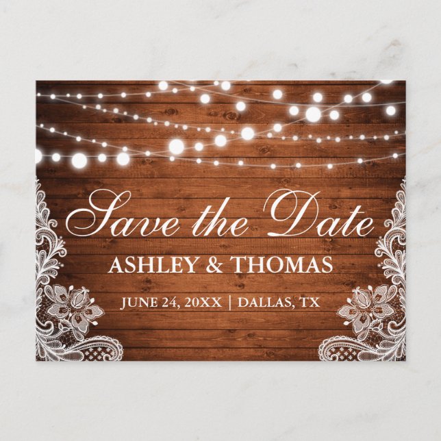 Rustic Wood String Lights Lace Save the Date Announcement Postcard (Front)