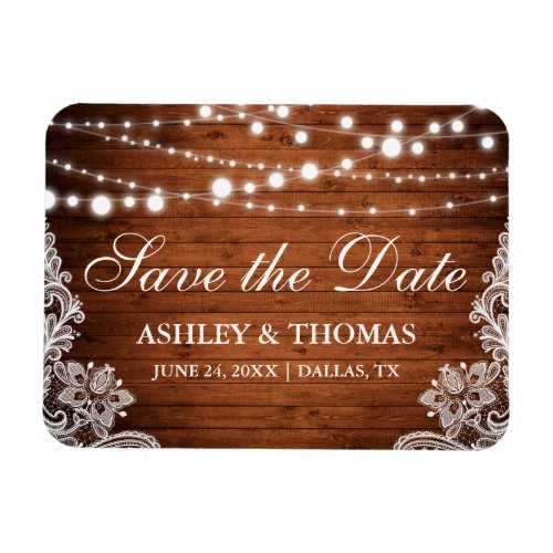 Rustic Wood String Lights Lace Save the Date Magnet