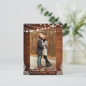 Rustic Wood String Lights Lace Save the Date Postcard (Standing Front)