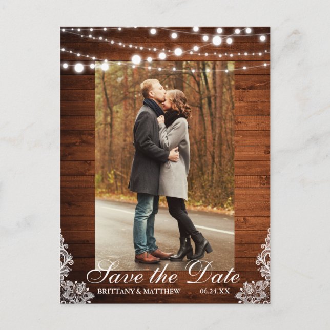 Rustic Wood String Lights Lace Save the Date Postcard (Front)