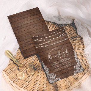 Rustic Wood String Lights & Lace Script Wedding Invitation