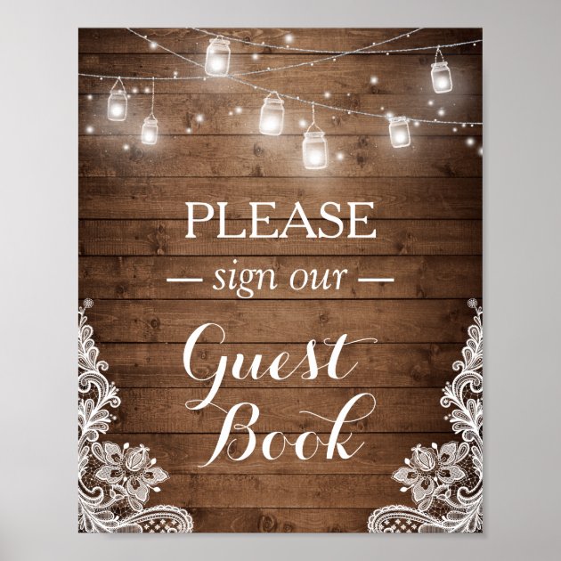 Rustic Wood String Lights Lace Sign Guestbook Poster