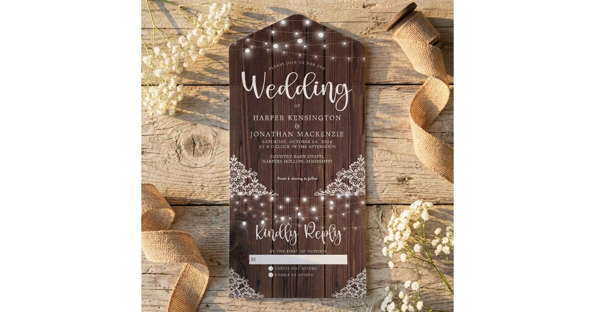 Rustic Wood String Lights Lace Wedding All In One Invitation | Zazzle