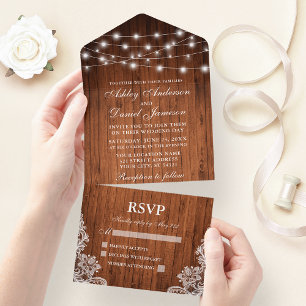 Rustic Wood String Lights Lace Wedding All In One Invitation