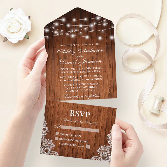 Rustic Wood String Lights Lace Wedding All In One Invitation | Zazzle